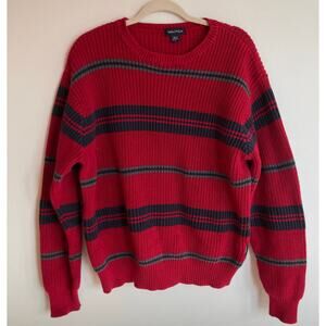 VTG Nautica Red Stripe Cotton Fisherman Crew Neck Sweater Mens L Chunky Knit Ski